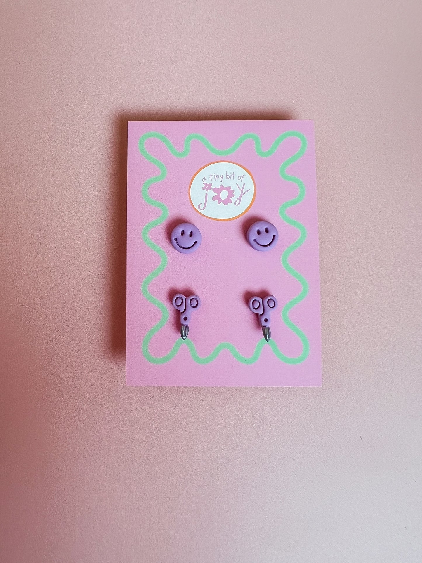 Handmade Polymer Clay Happy Face Stud and Scissor Stud Earrings