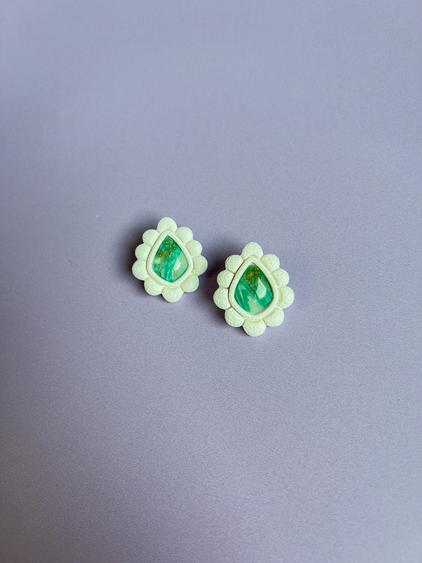 Beauty in Imperfection - Handmade Polymer Clay Green Agate-Inspired Aztec Dangles and Teardrop Studs