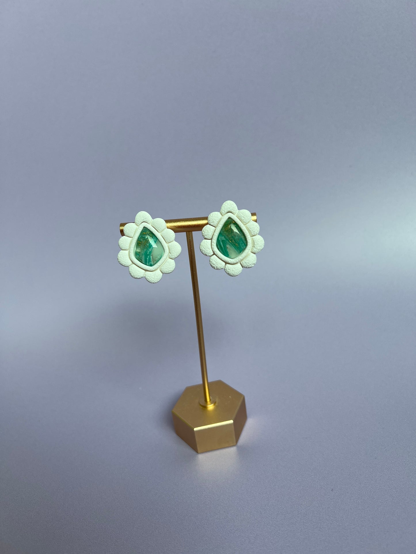 Beauty in Imperfection - Handmade Polymer Clay Green Agate-Inspired Aztec Dangles and Teardrop Studs